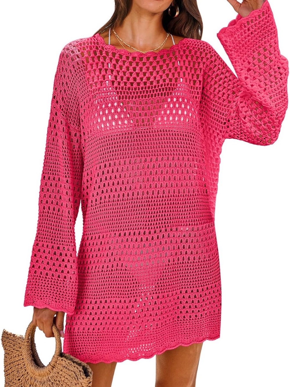Bright Pink Crochet Beach Cover-Up Sweater Dress